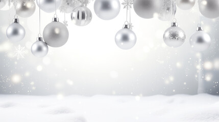 Christmas banner with silver baubles and snow. 