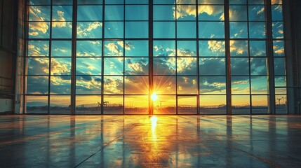 Poster - A large window with a view of the sun setting