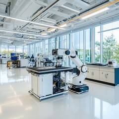 Poster - Innovative robotics laboratory showcasing sustainable energy solutions and eco-friendly equipment in a modern workspace