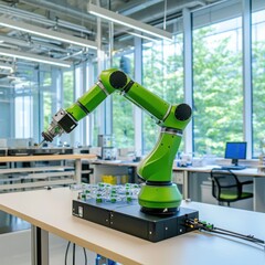Poster - Innovative robotics demonstration advanced green robotics laboratory educational content modern environment inside view sustainable technology