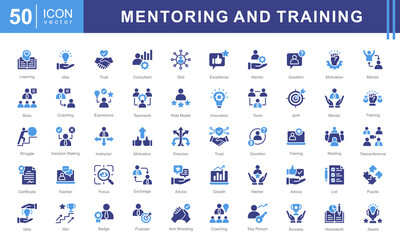 Poster - Mentoring and Training icon collection set. Containing development, learning, workshop, coach, mentor, curriculum, seminar icon.