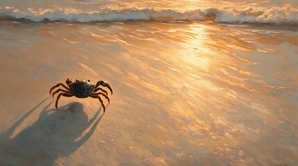 Canvas Print - Crab on sandy beach at sunset, ocean waves.