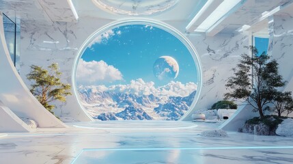 Poster - Futuristic space exploration interior surreal landscape digital art cosmic environment wide-angle view dreamlike concept
