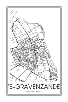 Printable downtown road map poster of the Dutch city of 'S-GRAVENZANDE on solid white background with city name
