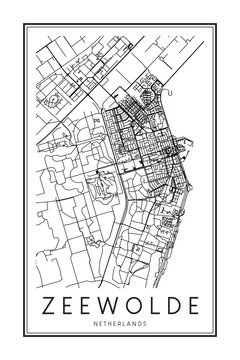 Printable downtown road map poster of the Dutch city of ZEEWOLDE on solid white background with city name