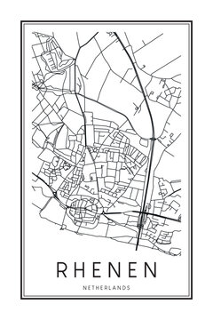 Printable downtown road map poster of the Dutch city of RHENEN on solid white background with city name