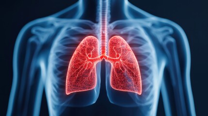 Aufkleber - Long-term exposure to PM 2.5. A detailed illustration of a human torso highlighting the lungs in a glowing red color against a dark background.