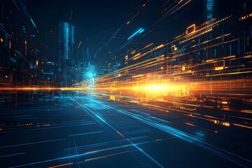 Poster - Abstract digital city glowing with vibrant light trails and futuristic architecture.