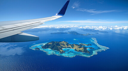 Poster - A plane is flying over a body of water with a small island in the middle