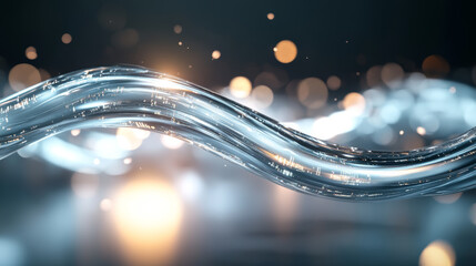 Poster - Fluid movement of shimmering water with blurred golden bokeh lights in a serene space