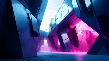 Poster - Abstract futuristic architecture with blue and pink glowing elements.
