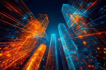 Poster - Abstract futuristic city skyline with glowing lines.
