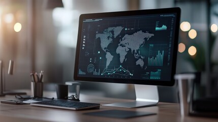 Poster - Modern Workspace with Computer Displaying Global Data Visualization and Analytics in a Bright Office Environment, Ideal for Technology and Business Themes