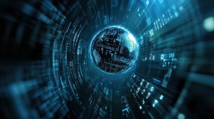 Aufkleber - Futuristic Digital Earth Surrounded by Glowing Lines and Data Streams Representing Global Connectivity and Technological Advancement in a Virtual Space