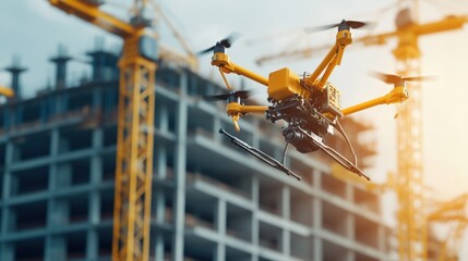 Poster - Aerial Drone Capturing Images Over Modern Construction Site with Crane and Building Framework on Background during Daytime in Urban Environment