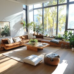 Poster - Cozy eco-friendly living room design urban apartment interior decor bright and airy space modern minimalist style