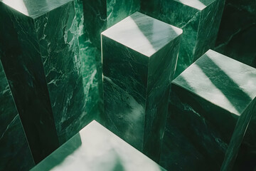 Poster - Abstract green marble cubes in sunlight.
