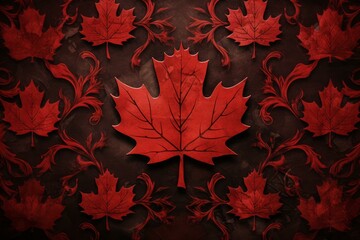Poster - Red maple leaf and floral ornament creating seamless pattern, celebrating canada's natural beauty and rich heritage