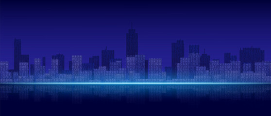 Poster - Tech city skyline background. Vector realistic illustration of dark blue cityscape, modern building silhouettes and skyscrapers, futuristic communication technology, virtual reality, business banner