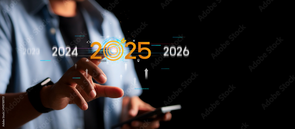Countdown to 2025 concept. the taps a virtual download bar with a ...