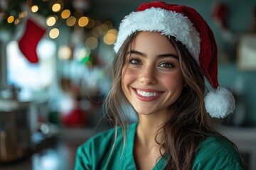 Poster - A happy nurse in green scrubs and a Santa hat, smiling at the camera. The background is a light blue kitchen with Christmas decorations. 