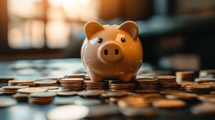 Aufkleber - A piggy bank is sitting on a pile of coins