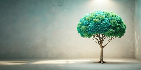 Serene indoor scene featuring a vibrant green tree in a minimalist room with textured walls.