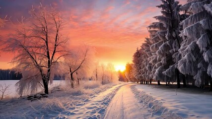 Aufkleber - Winter Wonderland Sunrise: A picturesque winter landscape unfolds, showcasing a snow-covered path flanked by frost-kissed trees, all bathed in the warm glow of a breathtaking sunrise.