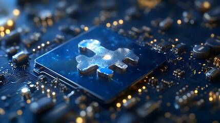 Poster - Abstract puzzle piece on a circuit board, representing technology and problem-solving.