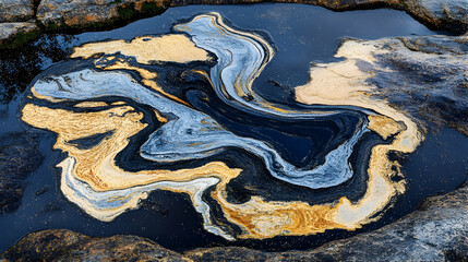 Wall Mural - Abstract rock pool reflection with swirling blue, black, and gold patterns.