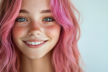 Portrait of happy smiling teenage girl with trendy colorful pink hair and freckles face