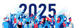 © Hurca! - Colorful vector illustration of diverse people celebrating together under the bold '2025' text, symbolizing unity, joy, and a vibrant future.
