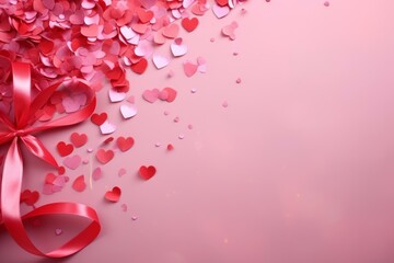 Poster - Red ribbon bow and colorful paper hearts creating a romantic valentine's day background on pink surface