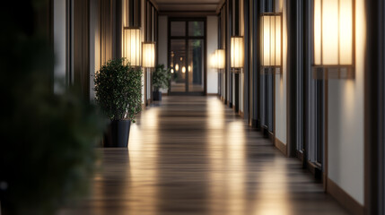 Poster - softly lit hallway with wooden floors and potted plants creating a calming atmosphere at dusk