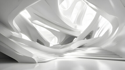 Poster - Abstract white architectural interior with stairs and flowing lines.