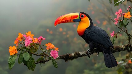 A colorful bird is perched on a branch of a tree with pink flowers