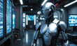 © panophotograph - humanoid robot with a sleek metallic body, standing in a high-tech laboratory surrounded by glowing screens and machinery, cinematic lighting,