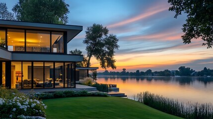 Wall Mural - Modern lake house at sunset, reflecting golden light on water.