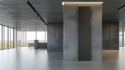 Poster - Modern spacious office interior with large windows and concrete walls.