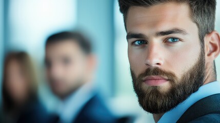 Poster - A team of businesspeople sits in a boardroom, listening intently as a colleague presents a new strategy, their faces reflecting a mixture of skepticism, interest, and engagement.