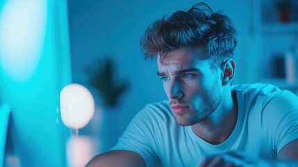 Poster - A young businessman sits alone at his desk in a dimly lit office, illuminated only by the glow of his computer screen, his face etched with concentration as he works late into the night.