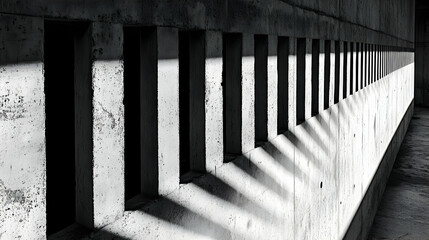 Poster - Monochromatic image of sunlight through evenly spaced rectangular openings in a concrete wall.