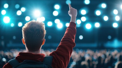 Poster - A student raises their hand confidently in a crowded lecture hall, eager to participate in the discussion and share their thoughts with the professor and classmates.