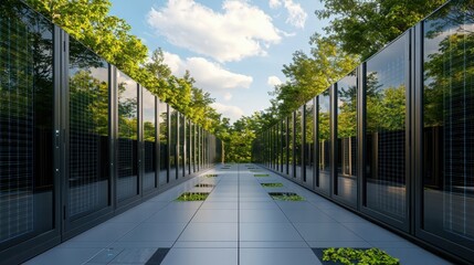 Poster - Innovative energy-efficient data center surrounded by nature sustainable technology environment futuristic view