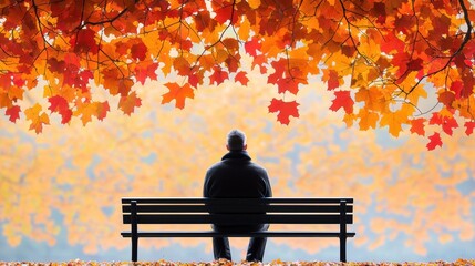 Poster - A man sits lost in thought on a park bench, surrounded by the vibrant colors of autumn leaves, his gaze distant as he reflects on life s complexities and finds peace in the present moment.