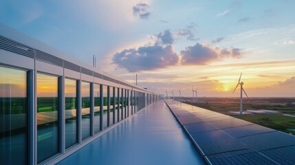 Poster - High-tech sustainable data center with energy efficiency overlooking wind turbines at sunset