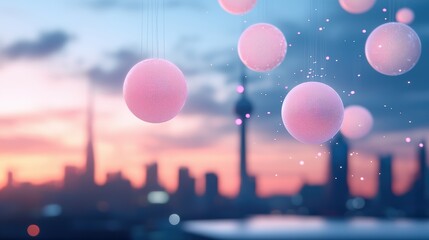 Poster - A city skyline rendered in futuristic detail with streams of data flowing between buildings and glowing orbs representing AI entities, showcasing a future where AI is integrated into every aspect of