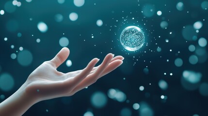 Poster - A hand reaches out to touch a shimmering sphere of light, symbolizing the pursuit of knowledge, the desire to understand the mysteries of the universe, and the search for meaning in life.