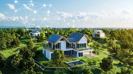 Poster - Hightech sustainable smart home with energyefficient solutions in green landscape architectural content aerial view