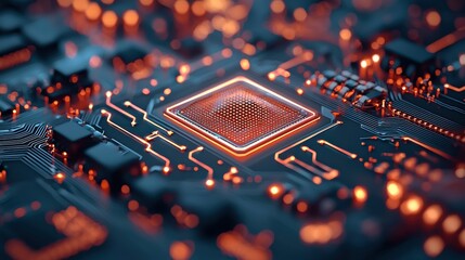Poster - A close up shot of a complex circuit board with glowing pathways, data packets flowing rapidly, showcasing the intricate workings of advanced technology.
